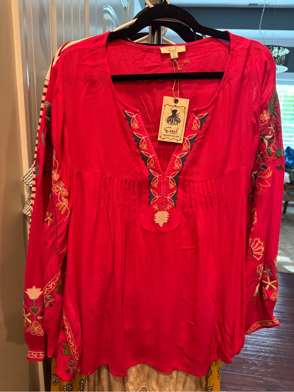 Easel Hot Pink Embroidered V-Neck Long Sleeve Tunic